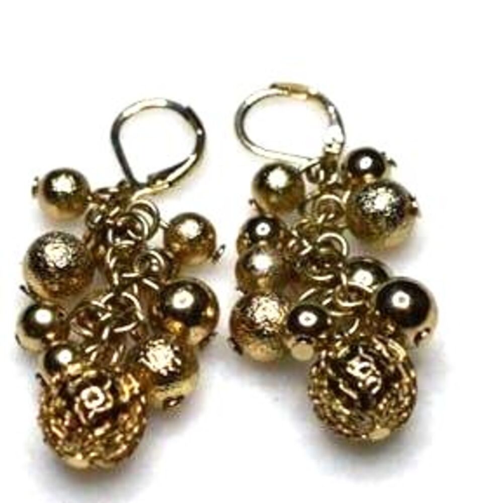 Vintage Golden Orb Cluster Beaded Dangle Drop French Clip Cottage Earrings